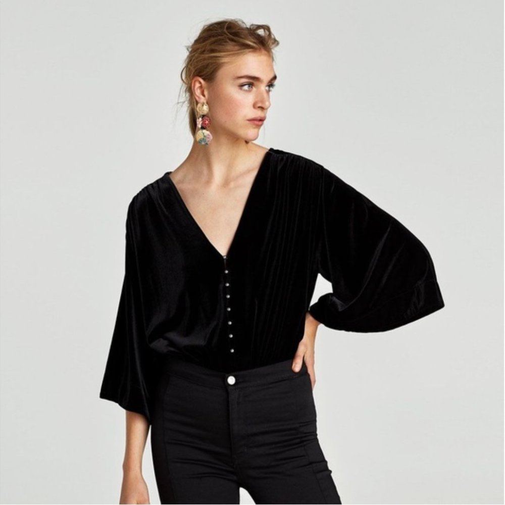 ZARA Black Velvet Bodysuit with Pearl Buttons - Size S